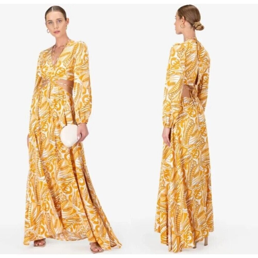 NWT AAKAA CUT OUT LONG SLEEVE ABSTRACT PRINT LONG DRESS SZ SMALL